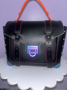Michael Kors Black Leather Satchel with Neon Trim